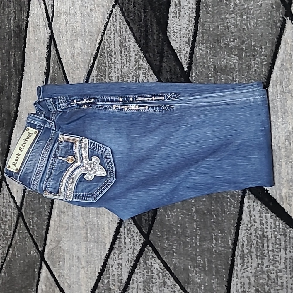 ROCK REVIVAL BETTY SILVER SEQUINS RHINESTONES FAUX-FLAP BOOT-CUT DENIM JEAN